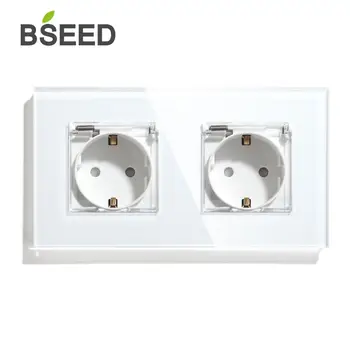 

BSEED New Waterproof Double Socket EU Standard Wall Socket 16A 110V-250V White Black Gloden Crystal Glass Panel Wall Socket