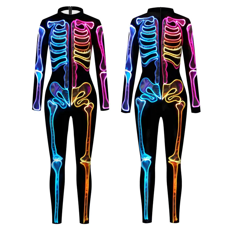 

Halloween Jumpsuit Glow Fluorescent Skull Sexy Women Devil Ghost Party Carnival Performance Scary Costume Kids Girl Day of Dead