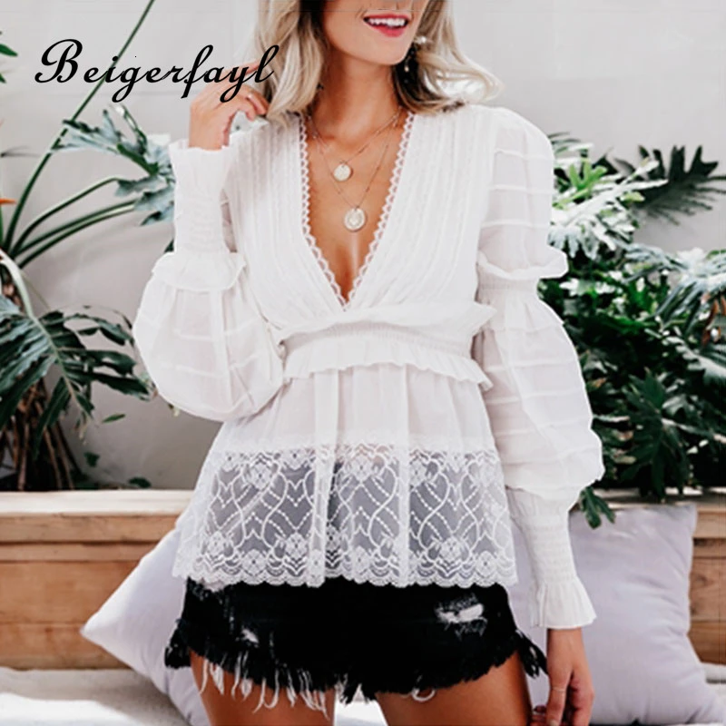 Beigerfayl белая блузка Moda Mujer короткие женские куртки из искусственного меха бланка винтажные Блузы De Encaje Para с пышными рукавами и рюшами Топ S19BL060