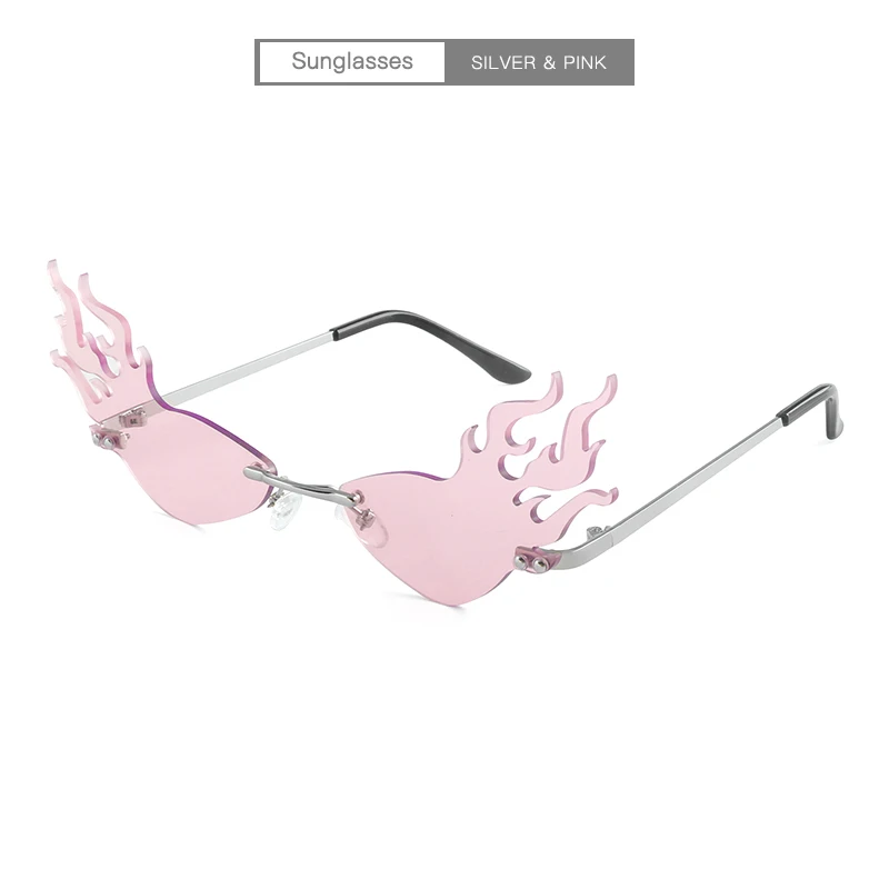 Новые солнечные очки с огненным пламенем, женские и мужские солнцезащитные очки «кошачий глаз», роскошные брендовые дизайнерские очки без оправы, большие полые оттенки, уличная одежда - Цвет линз: Silver Pink
