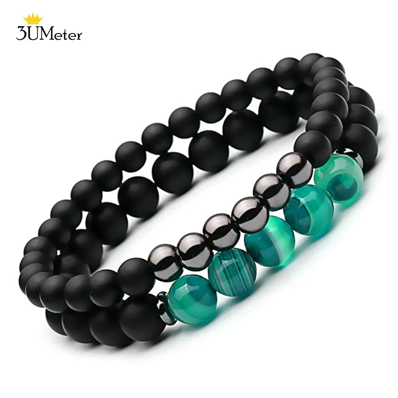 

2PCS Natural Striped Agates Matte Black Onyx Beaded Bracelet for Women Men Natural Stone Hematite Bracelet Jewelry Pulseras