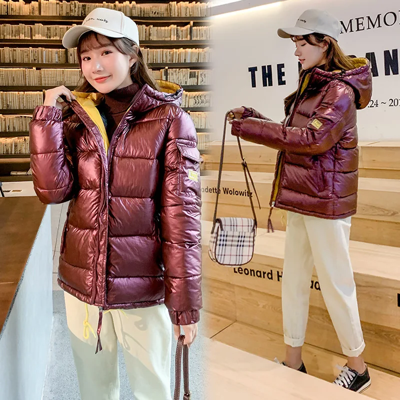 

2019 New Style down Jacket Cotton-padded Clothes Short Students Mixed Colors Hong Kong Style Waterproof Bright Surface Coat Wome