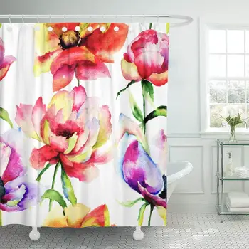 

Fabric Shower Curtain Curtains with Hooks Bloom Patterns with Beautiful Flowers Watercolor Blossom Botanical Branch Drawing