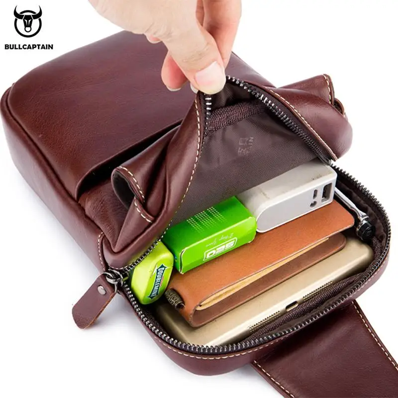 BULLCAPTAIN 2019Brand Genuine Leather Men Chest Bag Fashion Crossbody Bags for Men Small Causal Shoulder Bag Message Bags XB098