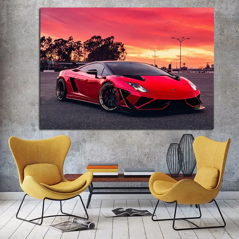 Supercars Wall Art Canvas Painting Gallardo Red Sunset Racing Cars Posters and Prints Pictures for Living Room Decor Unframed