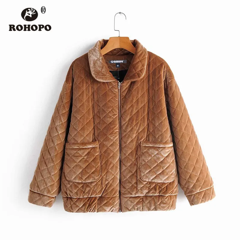 

ROHOPO Velvet Fabric Brown Black Parkas Coat Lapel Collar Solid Thick Argyle Autumn Winter Female Zipper Fly Outwear #354