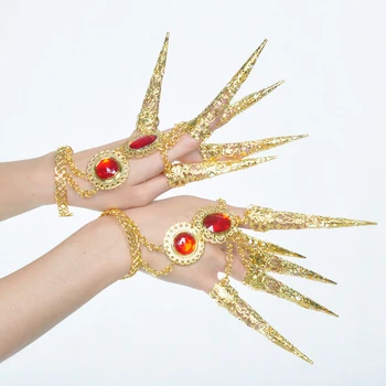 

2Pcs Girls Belly Dance Gypsy Gold Bracelet With 5 Finger Nails Thai Costume