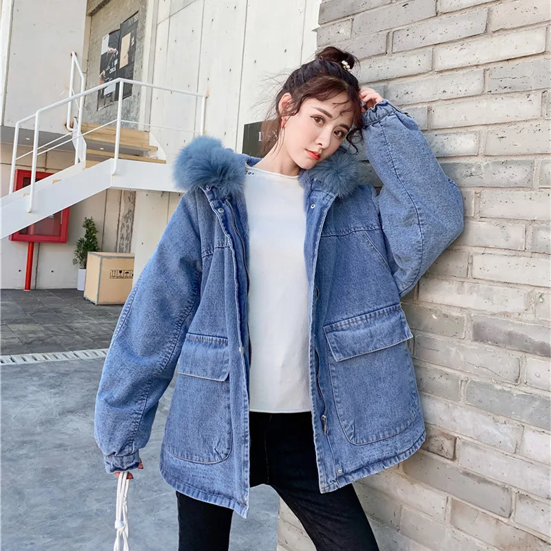 

2019 Winter Hooded Oversized Genuine Fur Collar Rabbit Fur Cowboy Cotton-padded Clothes Women's Mid-length plus