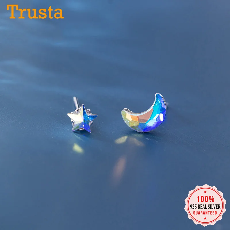 

Trustdavis Genuine 925 Sterling Silver Asymmetric Aurora Color Crystal Star Moon Stud Earrings For Women Wedding Jewelry DS2214