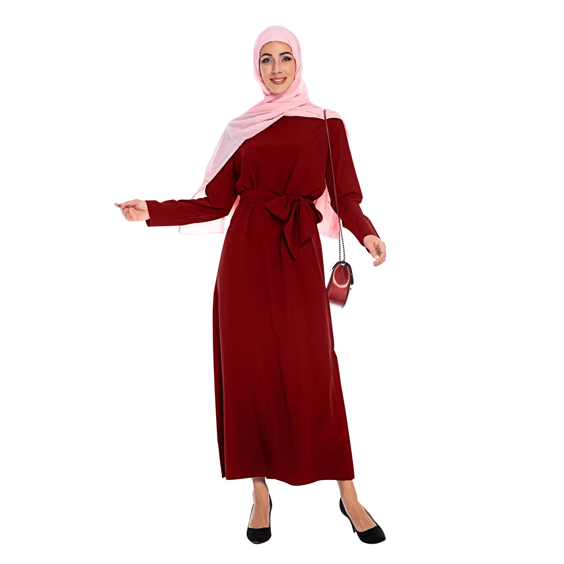 wine red Элегантное мусульманское abaya эластичное арабское Макси платье Внутреннее платье кардиган длинные халаты Ближний Восток Рамадан поклонение обслуживание исламское - Цвет: wine red