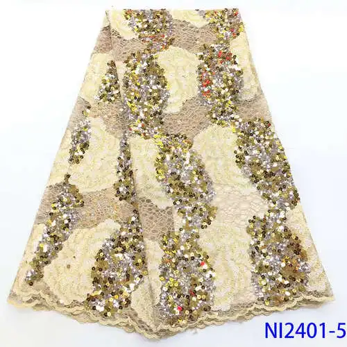 NIAI African Lace Fabric High Quality Lace Nigerian Sequins Lace Fabrics Embroidered French Lace Fabric For Women NI2401-4 - Color: picture 5