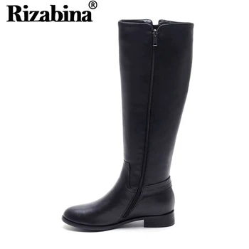 

RIZABINA Real Leather Women Retro Simple Knee High Boots Zipper Flats Winter Shoes Office Buckle Motorcycle Boots Size 34-42