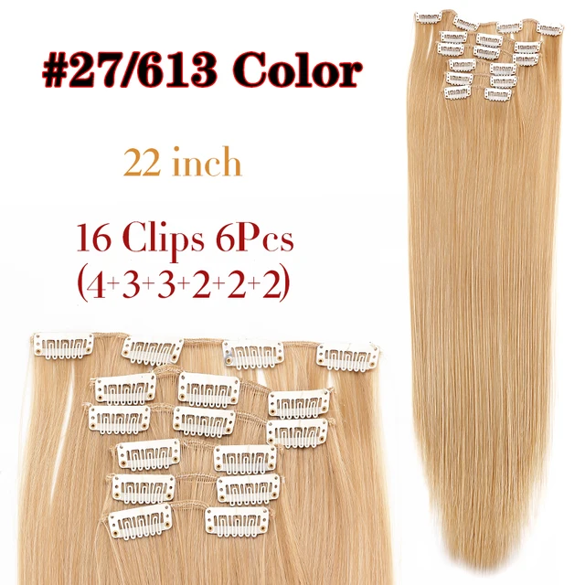 Synthetic 6H/613# Clip In On Hair Extensions 6Pcs/Set 16 Clips Hair Extension Full Head 55Cm Straight Synthetic Fiber Hairpieces 27 613