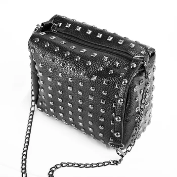 

Steampunk Womens Shoulder Bag Rivet Metal Chains HandBag Black Square Crossbody Bag
