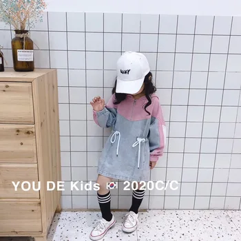 

Girl's sweater dress 2020 spring new children's fashion trend Korean denim drawstring stitching hooded sweater dress