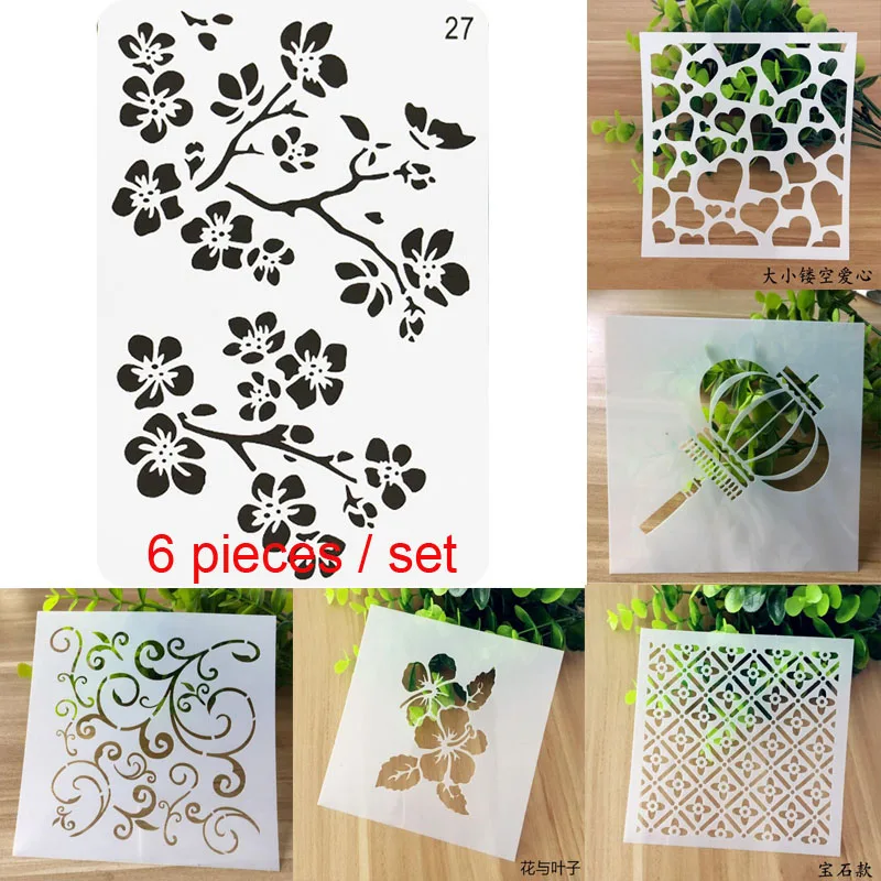 

6pc Flower Stencil Painting Templates Decor DIY Scrapbooking Bullet Journal Accessories Embossed Template Reusable Cake Stencil