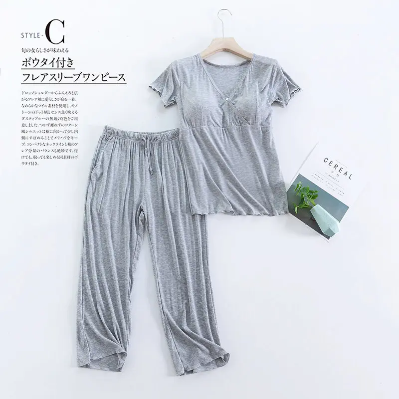 Fdfklak Summer Modal Short Sleeve Nursing Clothes Maternity Nightwear 2 Pieces Breast Feeding Pajamas For Nursing Mothers