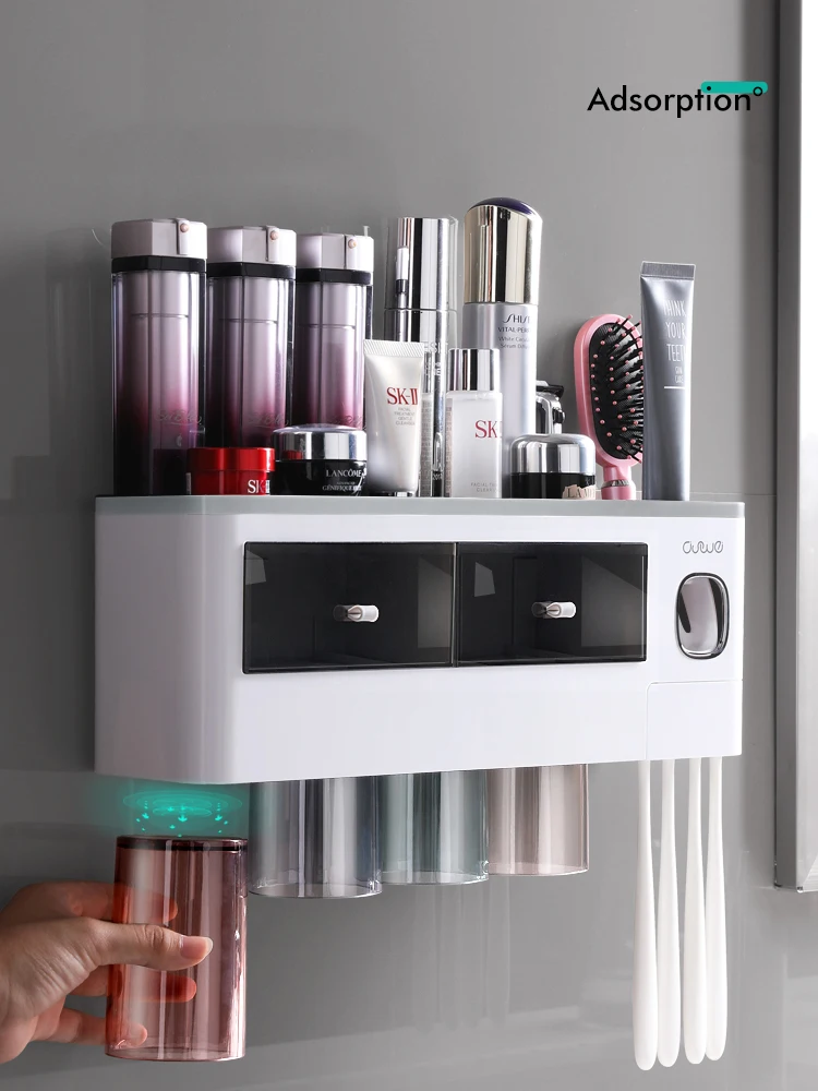 Toothbrush Holder Wall-Mounted Bathroom Accessories Punch-Free Storage Box Toothpaste Squeezer For Bathroom with cups 2 colors