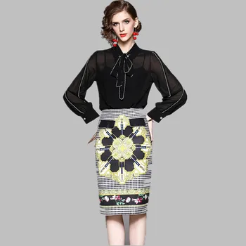 

Fashion Luxury Runway Women 2 Piece Set 2020 Women Neckline bow Long Sleeves Top + Vintage Print Mid Skirt Suit Vestidos