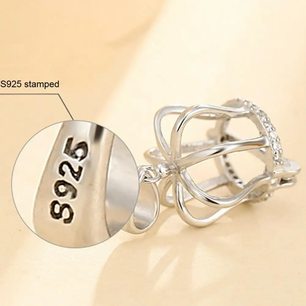 925 Sterling Silver CZ Mount Pendant Pearl Crown Cage Setting Blank Pave Locket Dangle Charm for Handmade Necklace for Women
