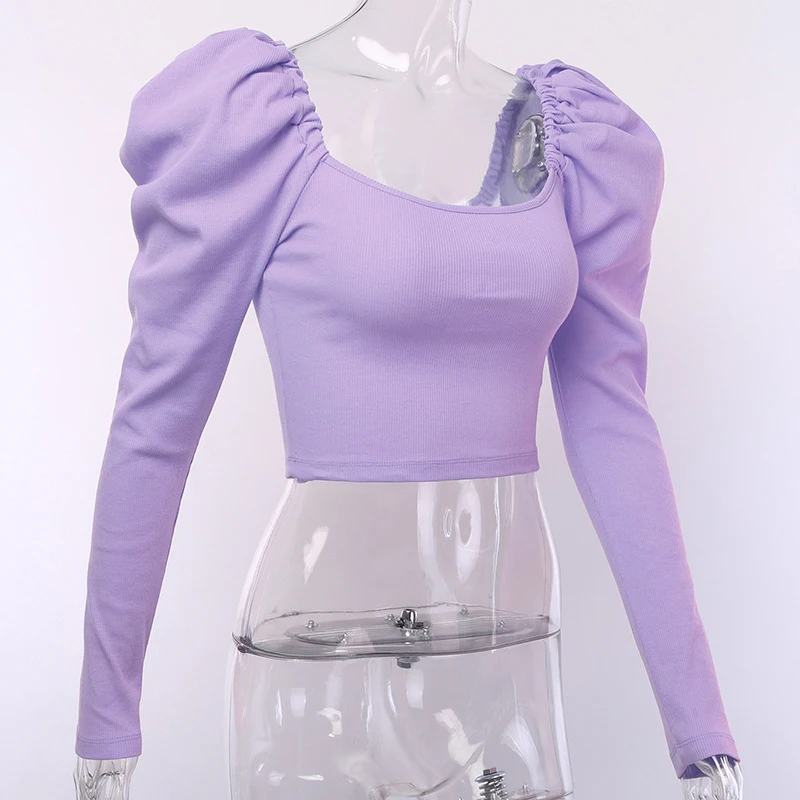 Винтажный Ретро сексуальный короткий укороченный топ, одноцветные осенние женские рубашки, футболки с длинным рукавом с буфами, облегающая трикотажная футболка, розовые футболки G1055