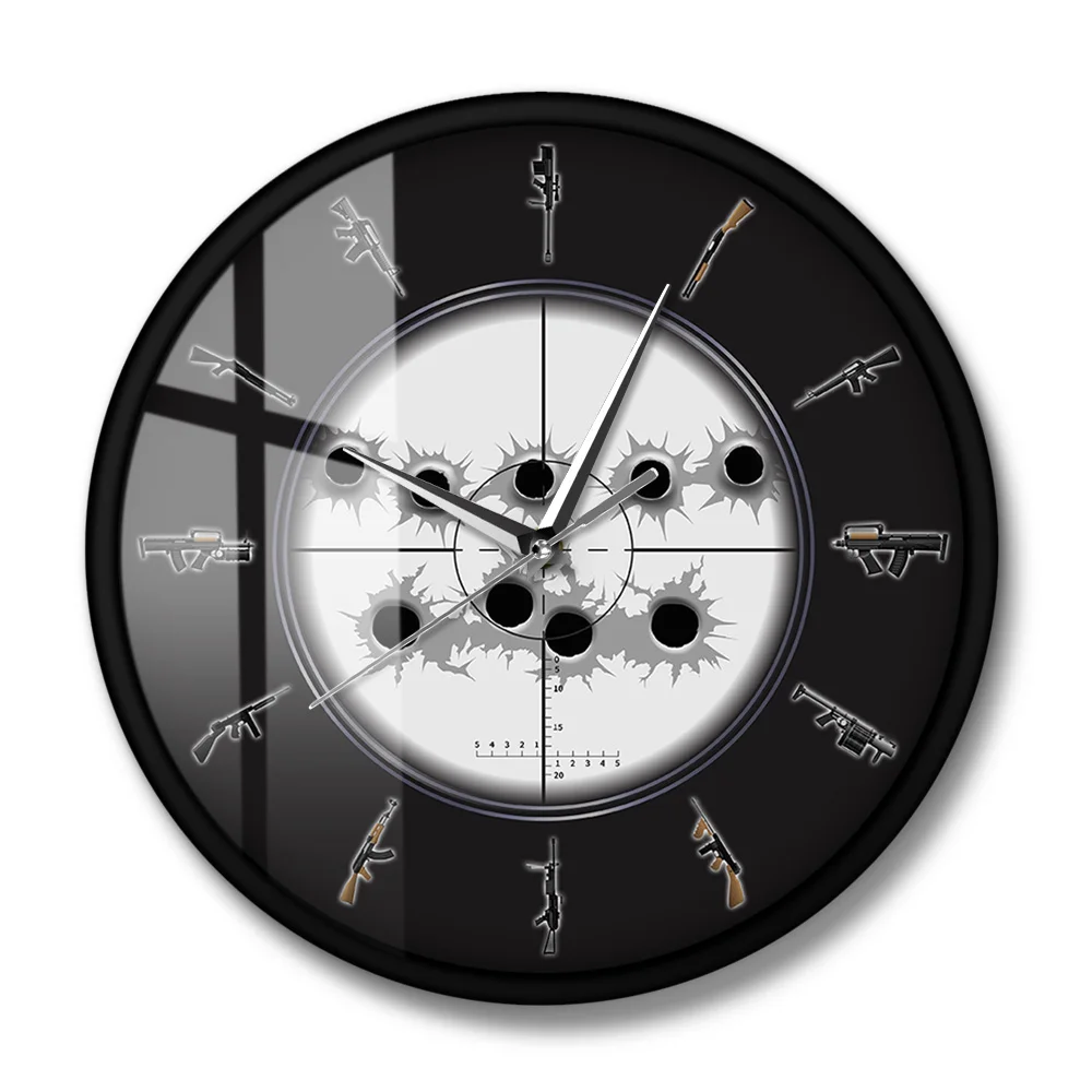 Sniper Sight With Bullet Holes Military Wall Art Hanging Wall Watch Variety of Weapon Guns Wall Clock Man Cave Army Wall Decor 3