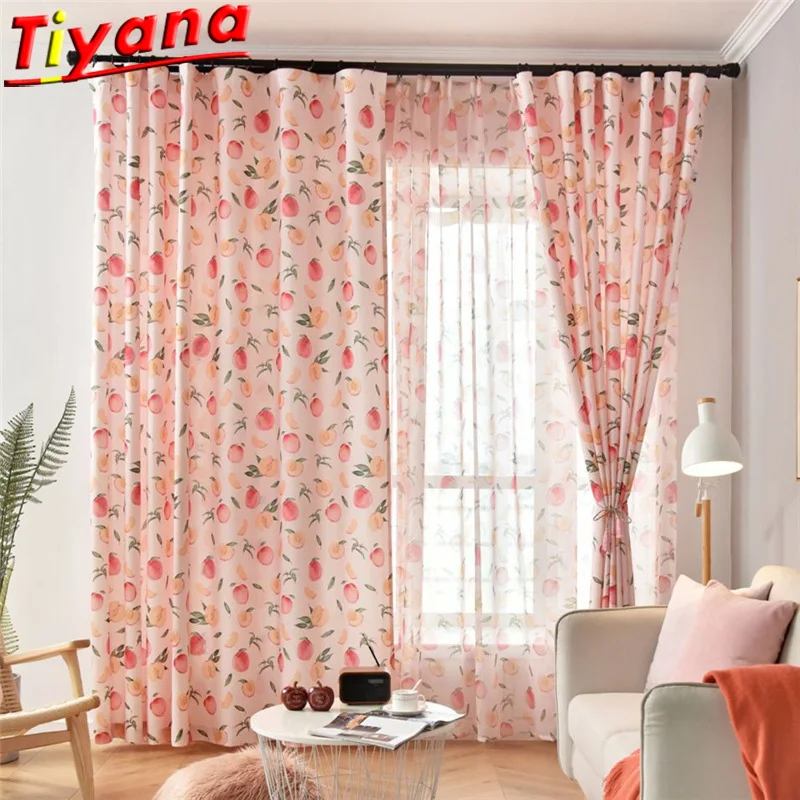 

Sweety Pink Peach Printed Curtains Tulle for Living Room Idyllic Fruit Yarn Window Drapes for Kitchen Kid's Room WH117#30