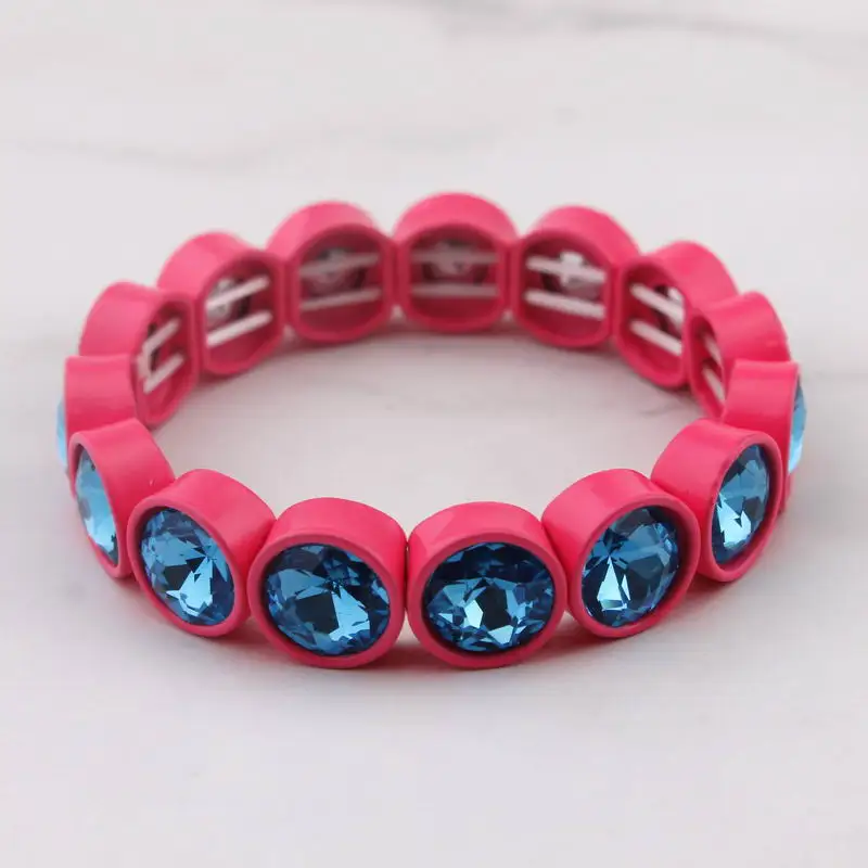ZWPON Faceted Glass Crystal Square Tile Bead Bangles Bracelets for Women Fashion Multicolor Painted Elastic Bracelets Wholesale - Окраска металла: B2242  Hot Pink