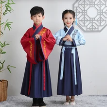 Костюм династии Мин Цин в древнем китайском стиле с вышивкой для мальчиков и девочек, красный и синий цвета