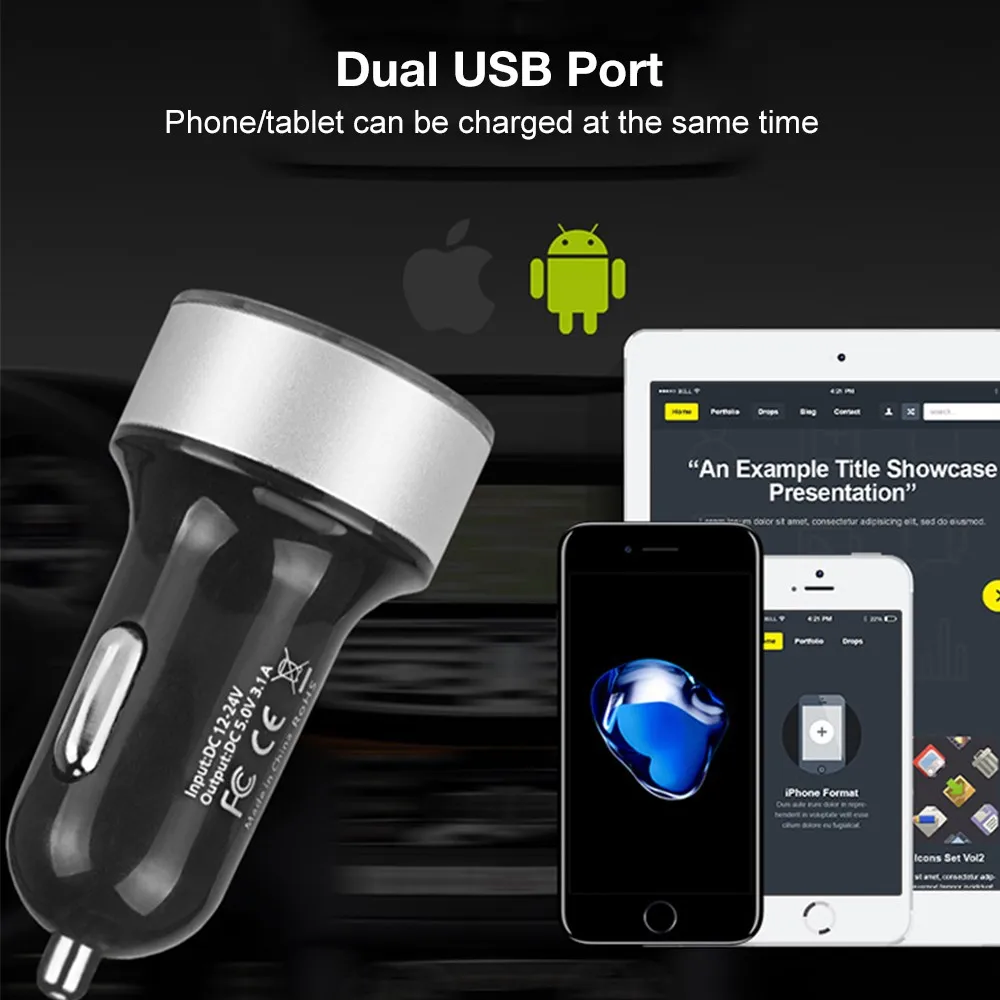 3.1A Dual USB LED Car Charger with Blue Indicator Light Multi-protection Universal for 12V/24V Vehicles