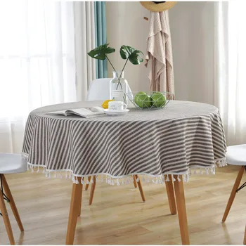 

Striped Tassel Round Tablecloth Cotton Linen Table Cloth Coffee Table Cover Towel Japanese-Style Cloth Dining Room Home Decor
