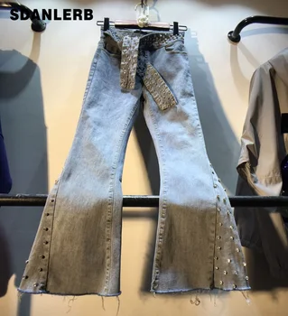 

Diamond Flare Jeans Denim Pants for Women High Waist Jeans with Drilled Belt Girls Pants High Street Jeans Trousers Feminina