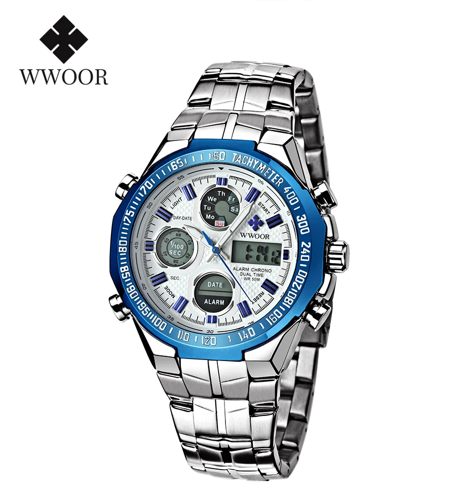 WWOOR Sport Brand Luxury Men Watch Full Steel Waterproof Military Army LED Big Dial Wrist Watches For Men Relogio Masculino 2022