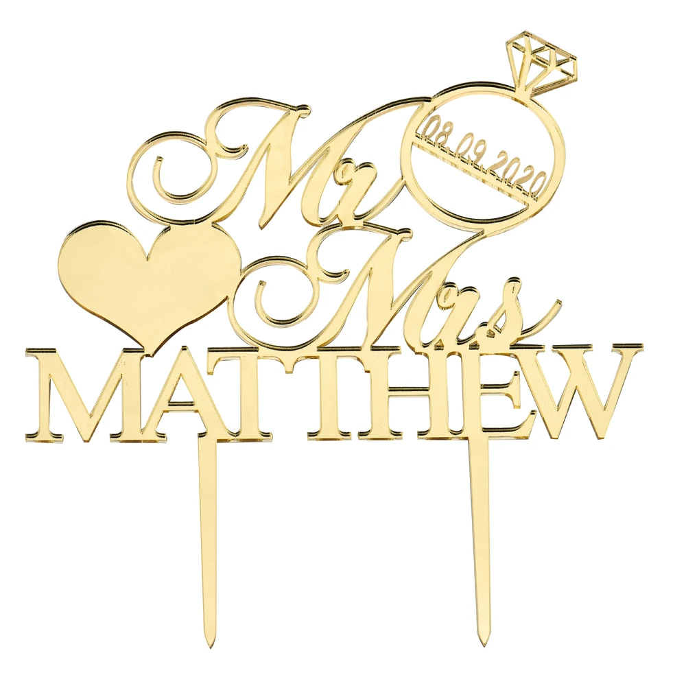 Personalized Engraved Wedding Cake Topper Acrylic Wooden Custom Mr& Mrs Cake Topper Ring For Wedding Gift Decor Party