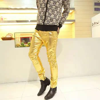 

New Mens Skinny Faux PU Leather Pants Shiny Silver Gold Pants Trousers Nightclub fashion Stage Costumes for Singers Dancer Male