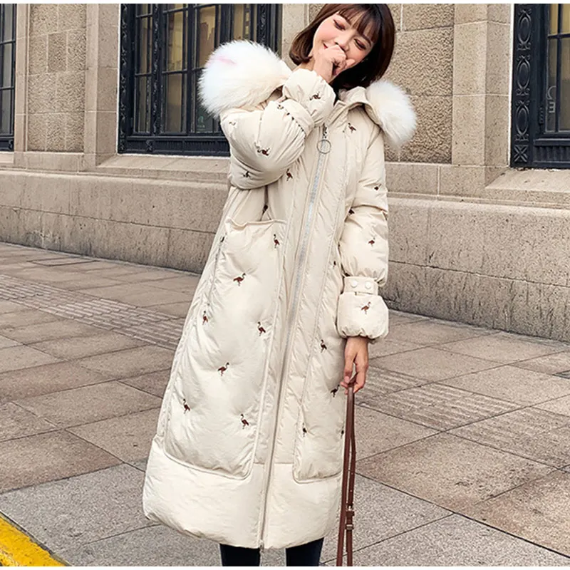 Высококачественная зимняя хлопковая стеганая куртка Женская парка X-long с капюшоном и воротником из искусственного меха пальто для женщин зимняя теплая Корейская верхняя одежда