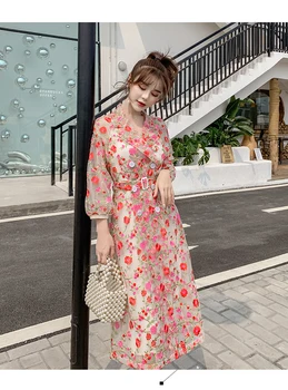 

Vintage Gauze Flower Embroidery Overlay Trench Coat Women Double-Breasted Notched Lantern Sleeve Belt Mesh Long Coat Outerwear