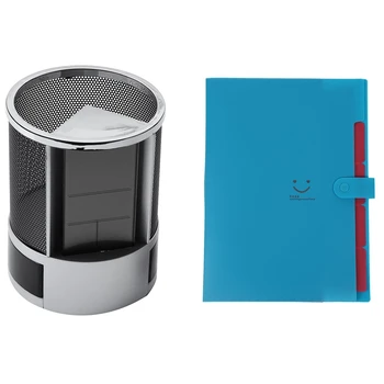 

1Pcs Plastic Accordion File Folders 5-Pocket Lake Blue & 1Pcs Mesh Pen Pencil Holder with Digital Lcd Office Desk Clock