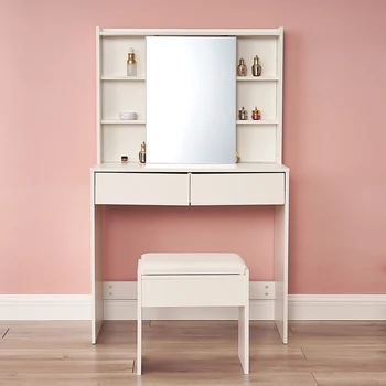 

Dressing Table with Push-pull Mirror + Stool Makeup Desk Wooden Vanity Table Cosmetic Table 3 Storage Shelves and 2 Drawers
