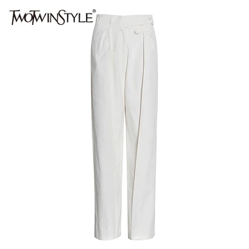 

TWOTWINSTYLE White Casual Elegant Trousers High Waist Lace Up Zipper Button Pants Female 2020 Autumn Fashion New Clothing