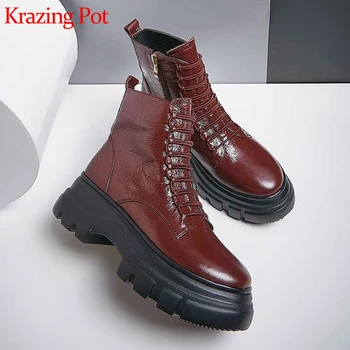 

Krazing pot cow leather round toe elastic band decoration high bottom women elegant European design high quality ankle boots L93