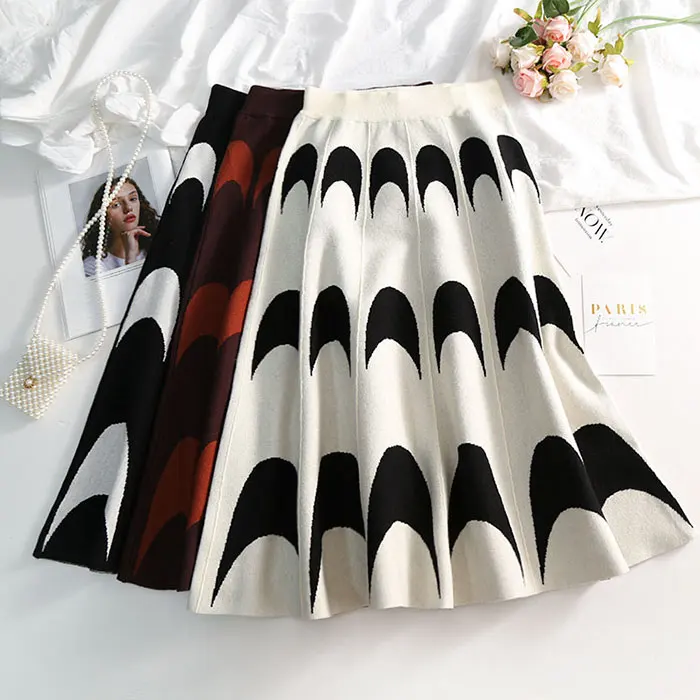 REALEFT Autumn Winter Warm Knitted Midi A-line Skirts High Waist Moon Pattern Casual Skater Skirts Female New Arrival