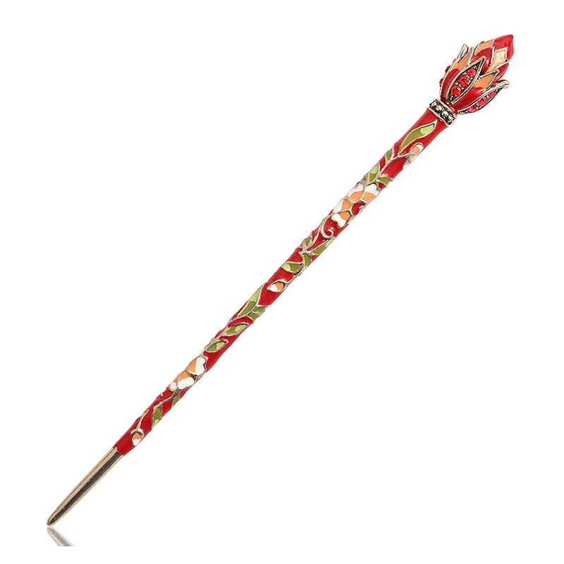Morkopela винтажная эмаль лотоса шпилька для волос с горным хрусталем зажим для женщин банкетные украшения для волос китайский стиль аксессуары для волос - Окраска металла: Lotus Red