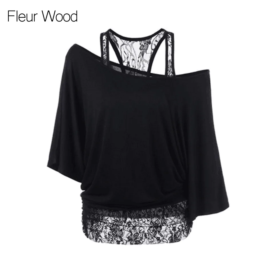 Fleur Wood, женская футболка с открытыми плечами, короткий Свободный жилет, кружевная строчка размера плюс, 5XL, топы, половина рукава, Одноцветный, Осенний пуловер