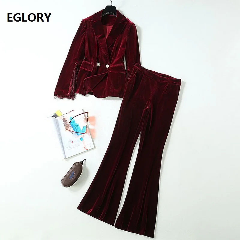 

Top Quality Women's Set 2019 Autumn Velvet Tracksuit Women Lace Patchwork Blazer Jacket+Full Length Velour Pant Set Blue Red 2pc