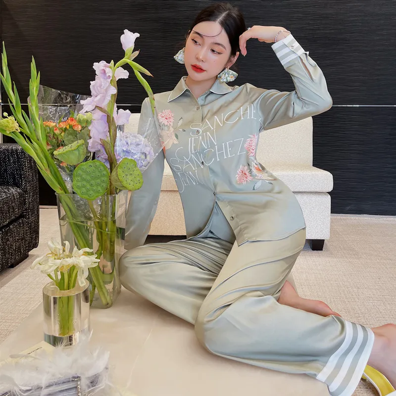 

Women Pajamas Set Sweet Green Print Flower Sleepwear Nightwear Spring Autumn Long Sleeve Trouser Suits Rayon Pyjama Pour Femme