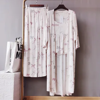 

2020 Three-Piece Elegant High-End Cotton Pajamas Antique Color Printing Sleepwear V-Neck Sleep Wear Sexy Nightwear Home Pijama