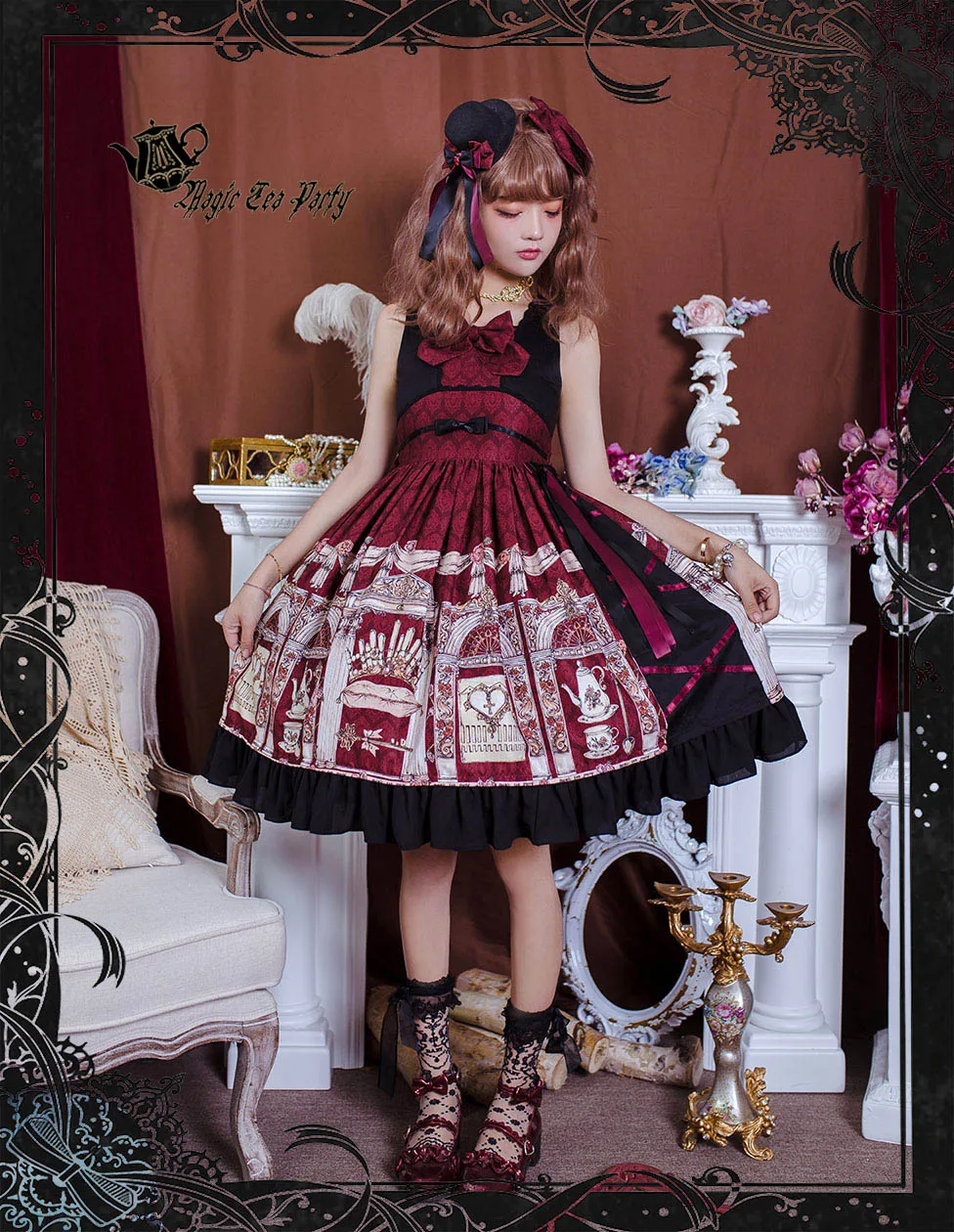 

Gothic palace sweet princess lolita dress vintage falbala high waist printing victorian dress kawaii girl gothic lolita jsk loli