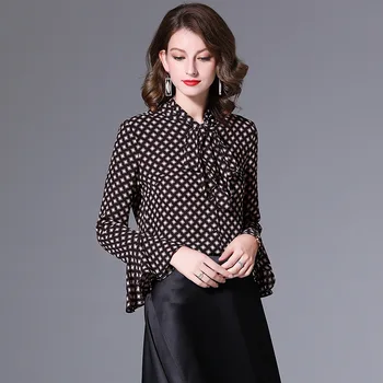 

Printed Shirt Autumn New Lace-up Stand Collar Long Sleeve Contrast Color Loose Flesh-Covering All-match Women's Clothing