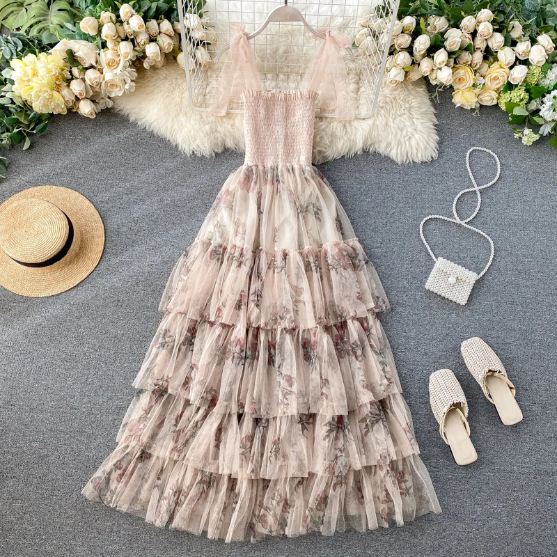 

Vintage Square Neck Long Dress Women Slim Spaghetti Strap Layer Mesh Lace Dresses Fashion Printed Beach Wear Summe Robe Vestidos